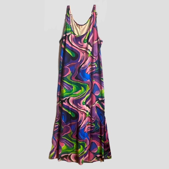Psychedelic Artsy Sun Dress Sleeveless Maxi 2XL Blu Grn Pnk Stretch Effortless - Picture 1 of 10
